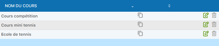 Résultat : liste des cours créés